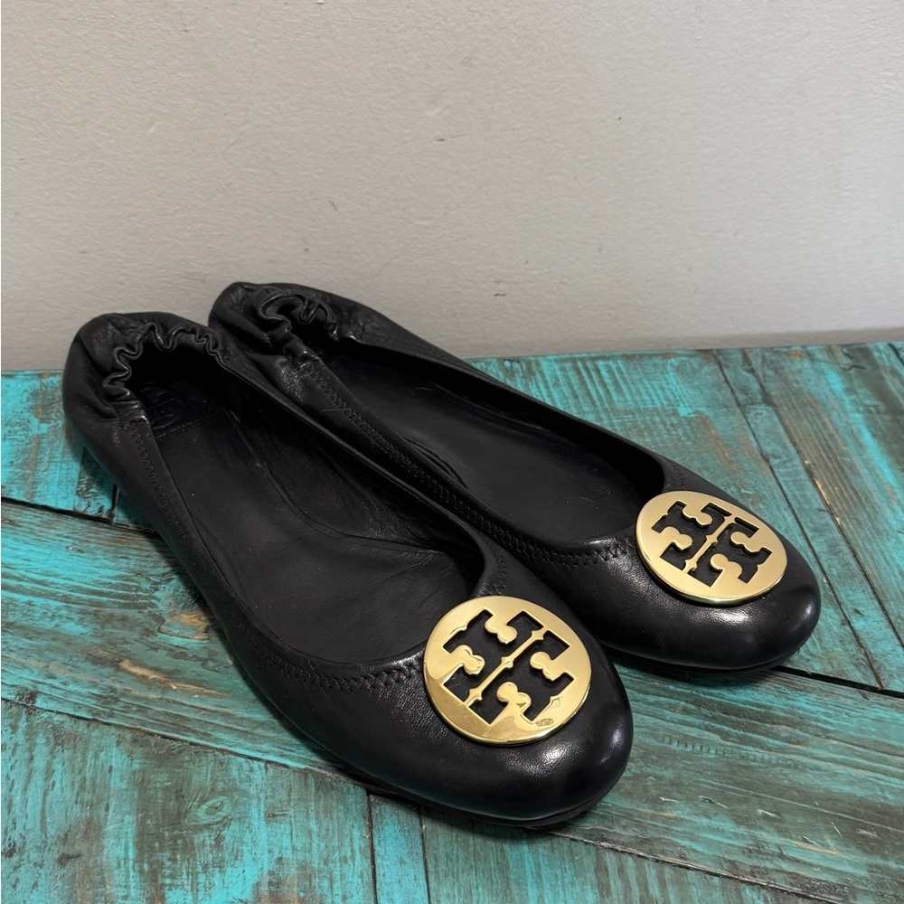 Tory Burch Classic Reva Black Leather Ballet Flats Size 13 - Picture 2 of 12